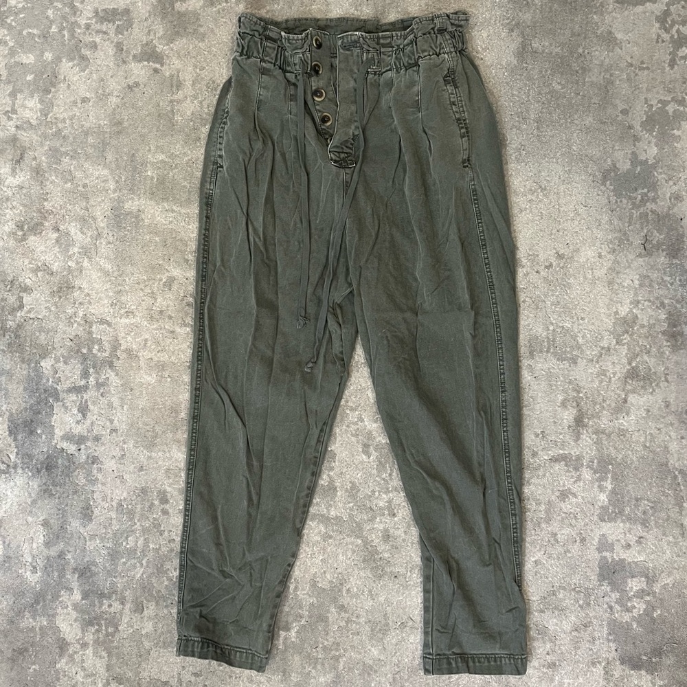 Free People Olive Green High-Waist Button Front Utility Pants